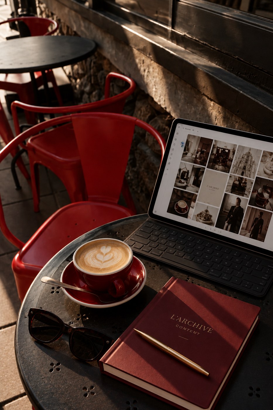 Café, cuaderno L’Archive y una parrilla de contenido en una tablet